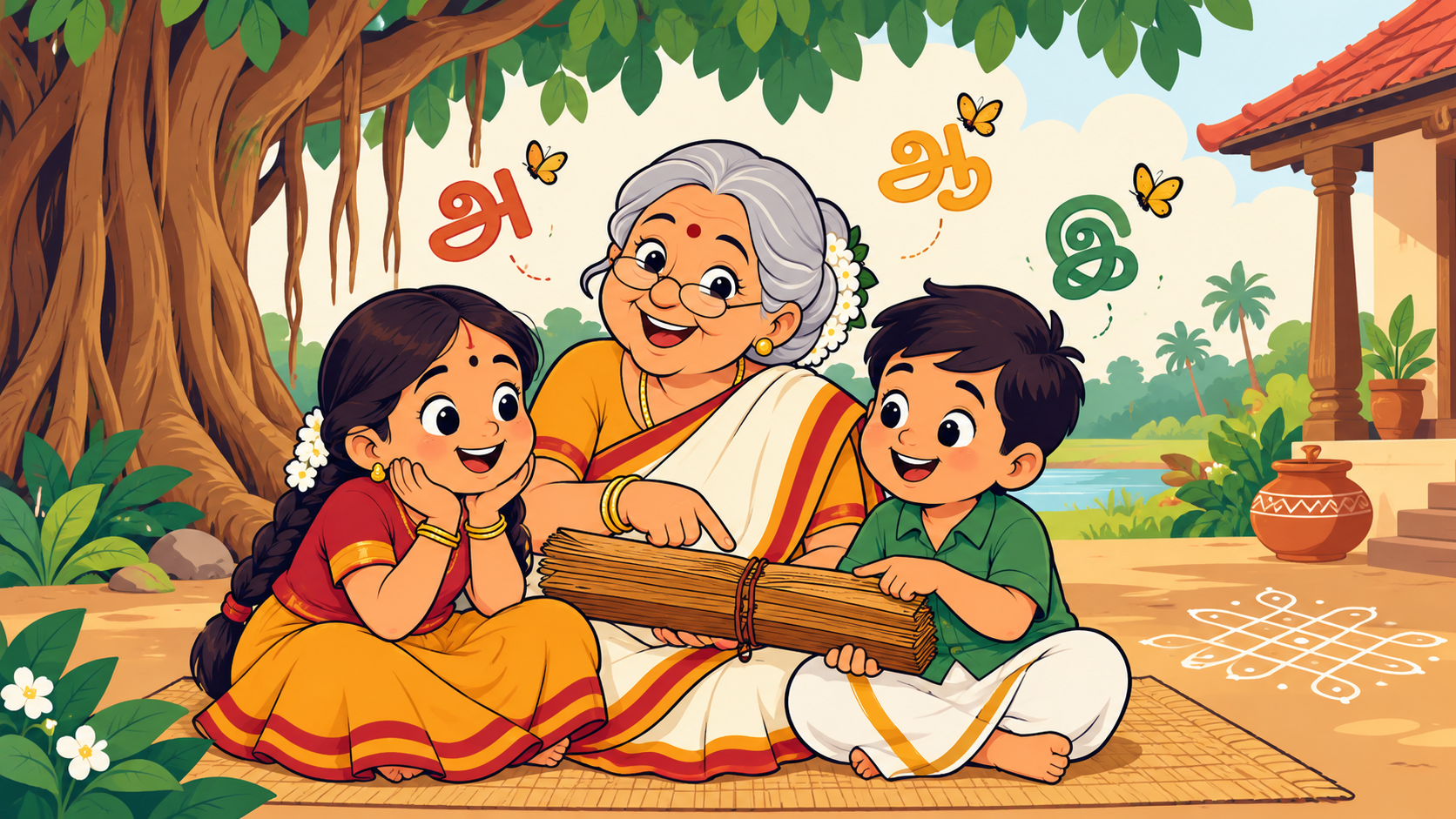 Children learning Tamil letters